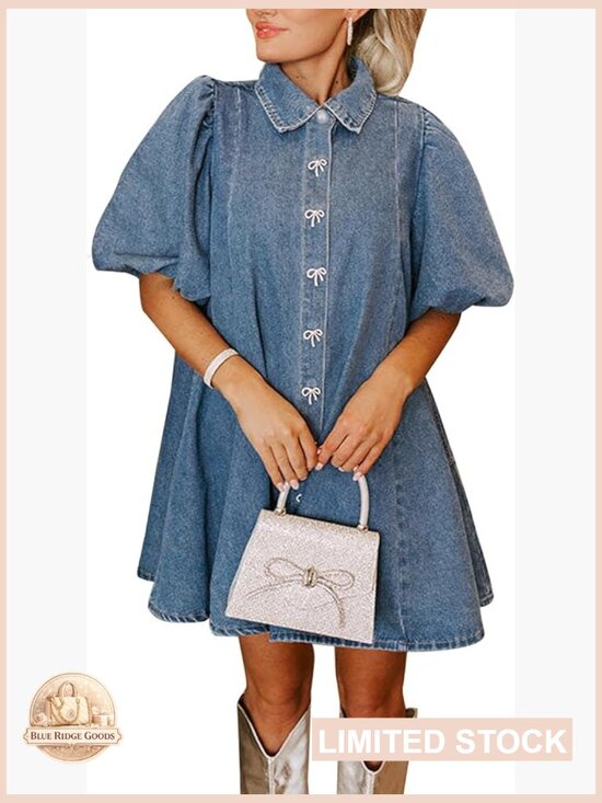 Dresses & Skirts - Denim Babydoll Mini Dress with Puff Sleeves Lapel Collar Diamond Bow Decor